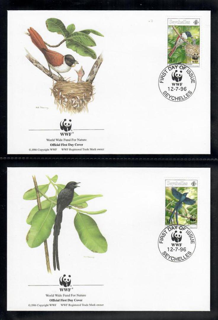 SEYCHELLES 1996 World Wildlife Fund. Paradise Flycatcher. Set of 4 in mint never hinged and on first day covers with 6 pages of image 1
