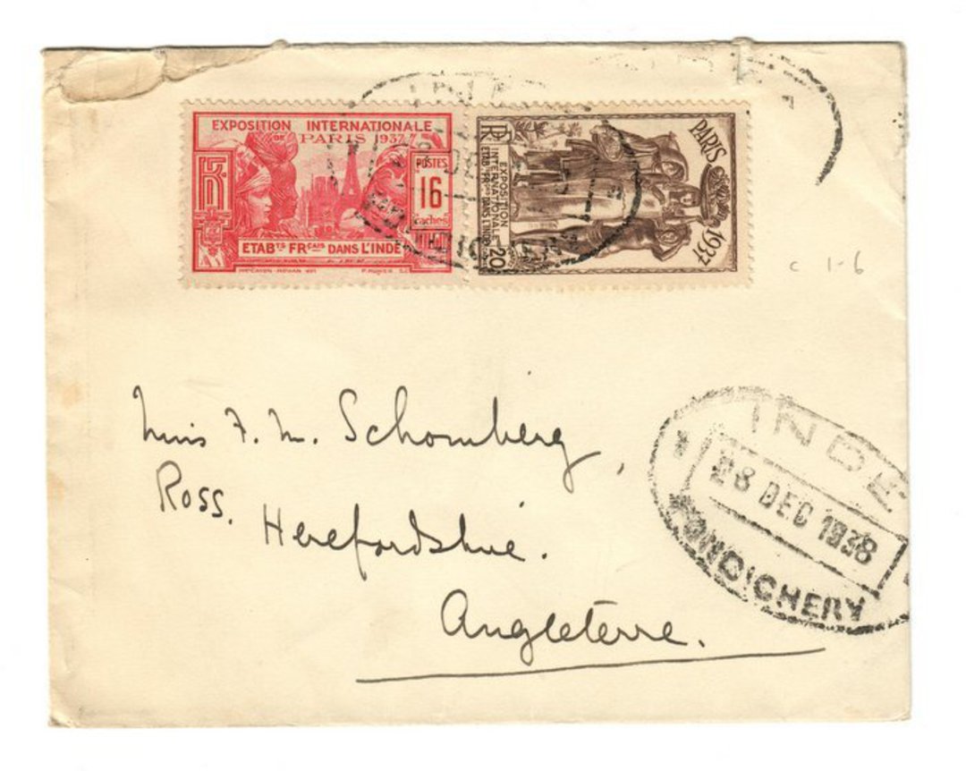 FRENCH INDIAN SETTLEMENTS 1938 Letter from Pondicherry to England. - 37515 - PostalHist image 0