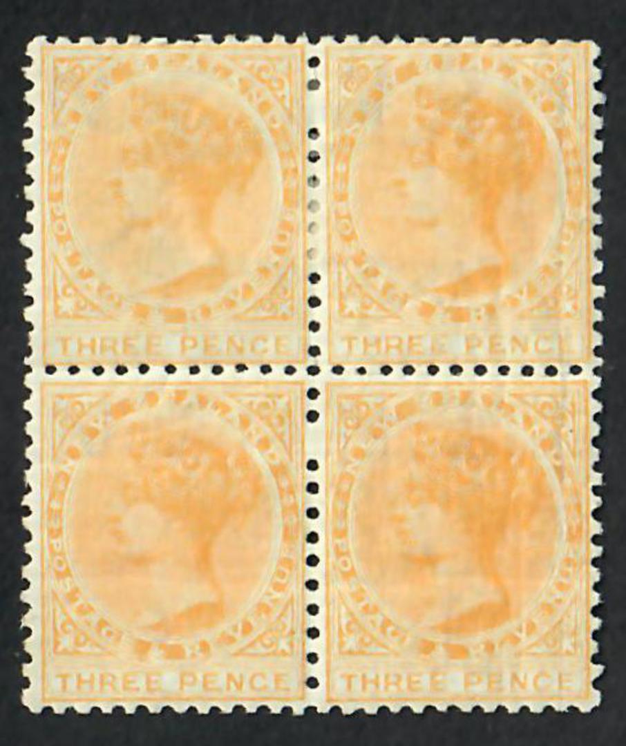 NEW ZEALAND 1882 Victoria 1st Second Sideface 3d Yellow. Perf 12x11½. Block of 4. Top pair hinged. Bottom pair have a mark but i image 0