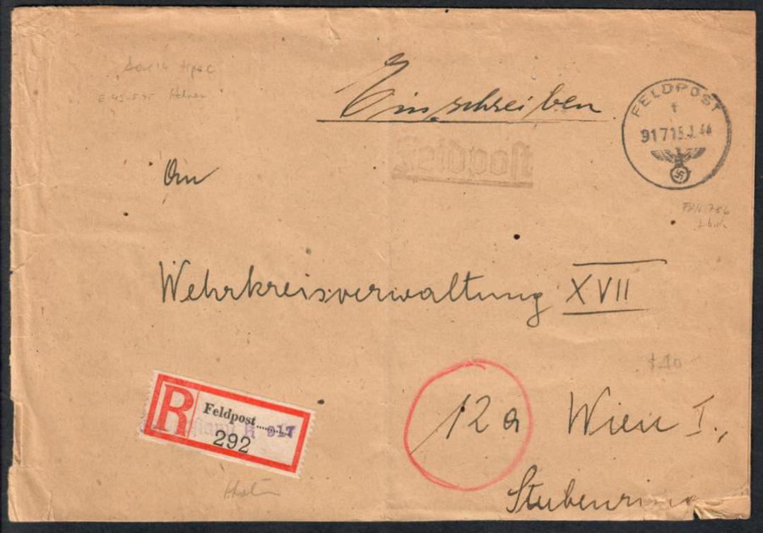 GERMANY 1944 Registered Feldpost to Austria. Nazi Feldpost cachet. - 533551 - PostalHist image 0