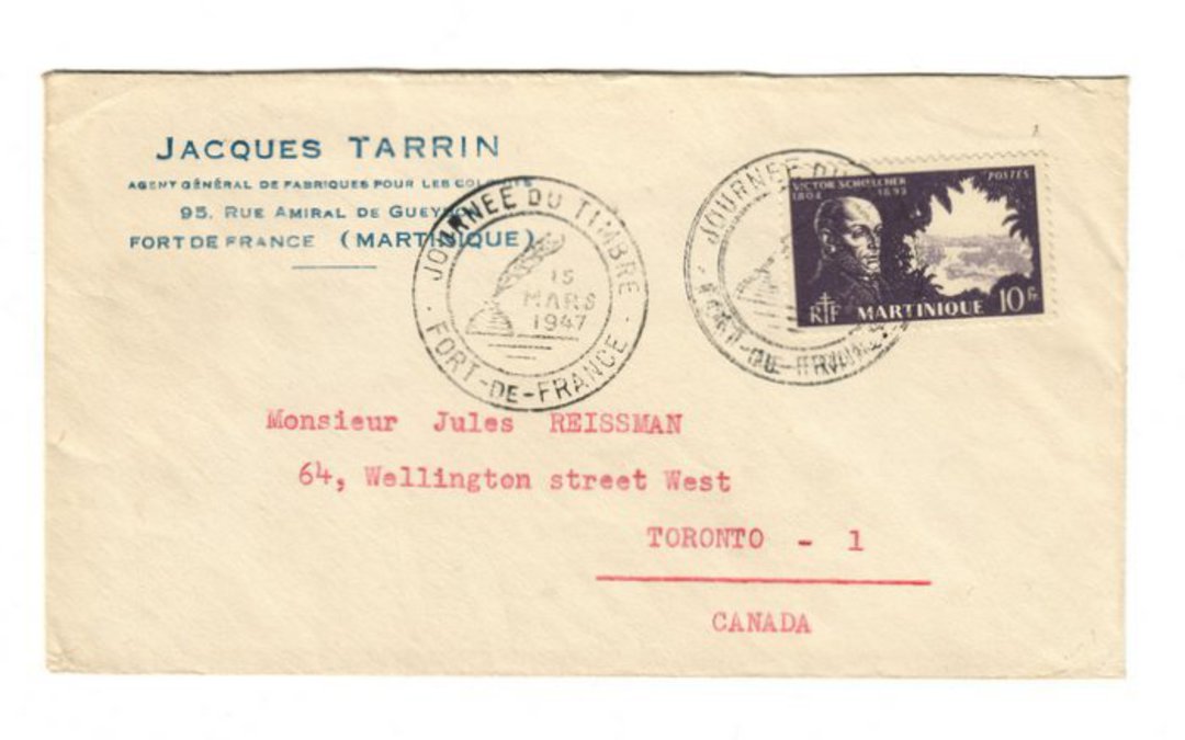MARTINIQUE 1947 Letter from Fort de France to Canada. Stamp Day Special Postmark. - 37826 - PostalHist image 0