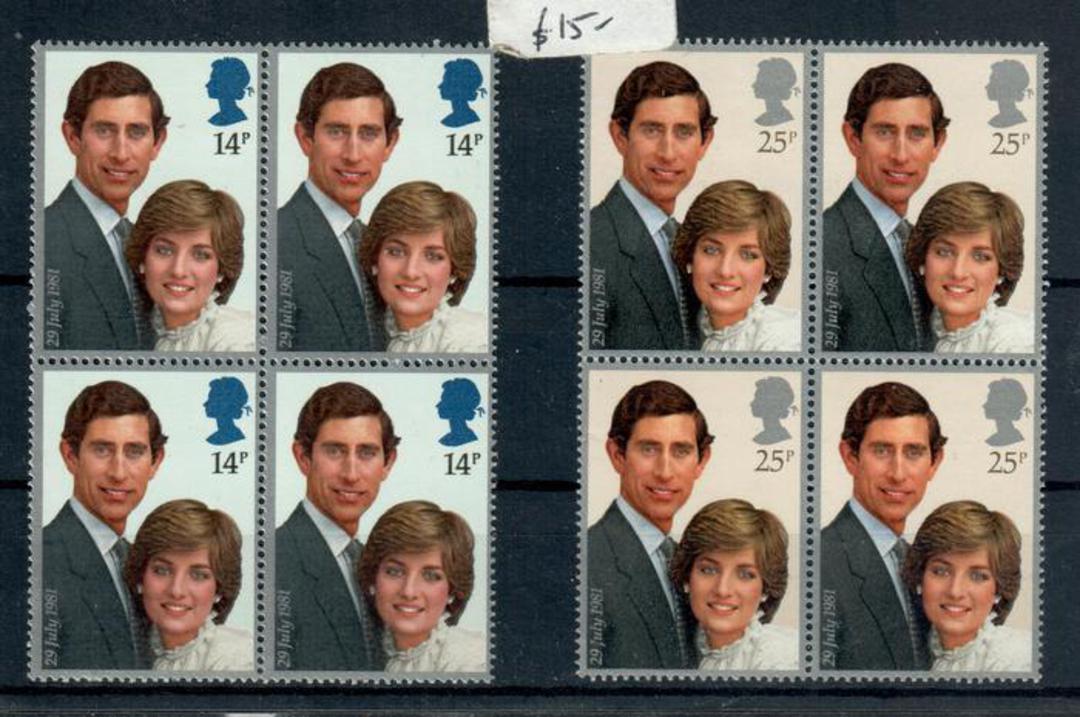 GREAT BRITAIN 1981 Royal Wedding of Prince Charles and Lady Diana Spencer. Set of 2 in blocks of 4. - 21459 - UHM image 0