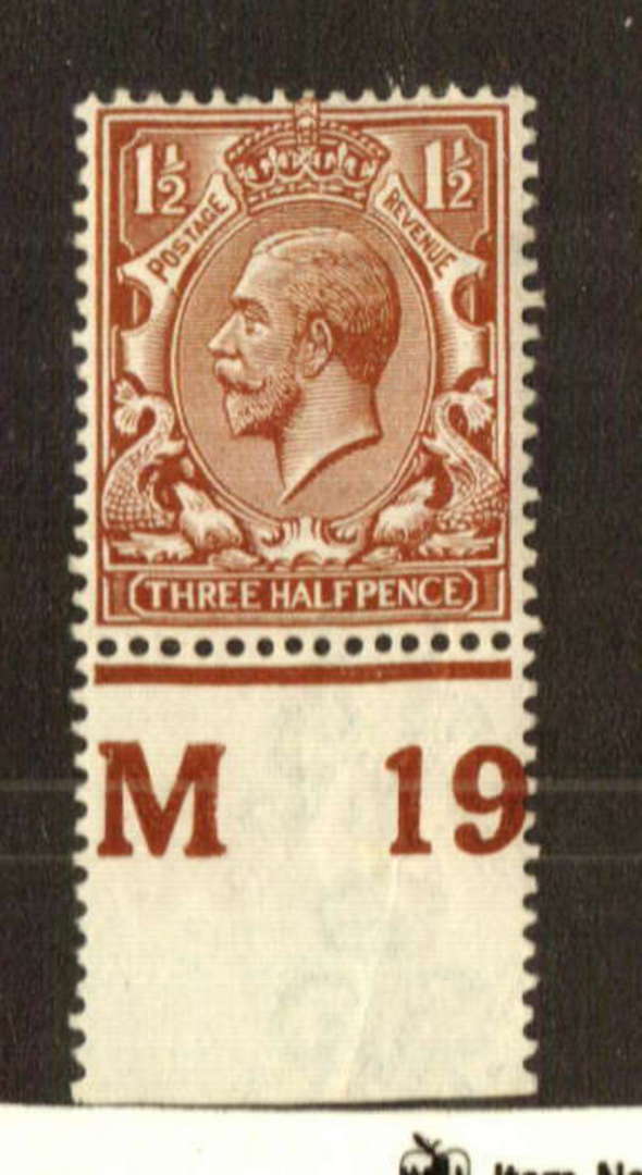 GREAT BRITAIN 1912 George 5th Definitive 1½d Deep Yellow-Brown. Control M19. - 70758 - LHM image 0