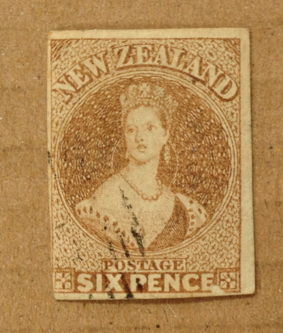 NEW ZEALAND 1855 Full Face Queen 6d Pale Brown. White paper. No watermark. Three big margins, cut along the left frame. Superb p image 0