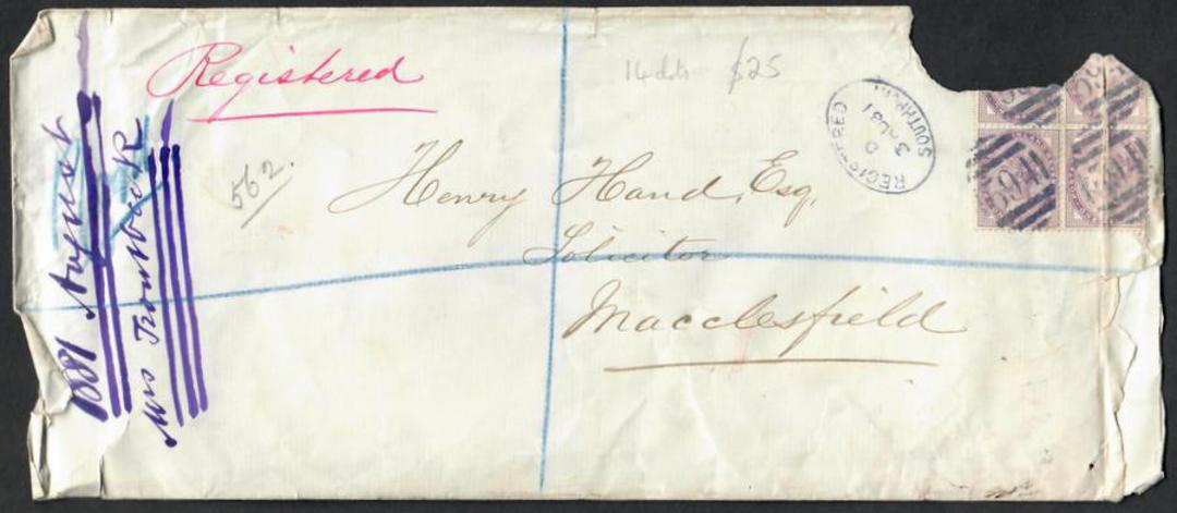 GREAT BRITAIN 1881 Cover with Block of 4 of the 1d Lilac with 14 dots (SG 170). The cover is tatty and three of the four stamps image 0