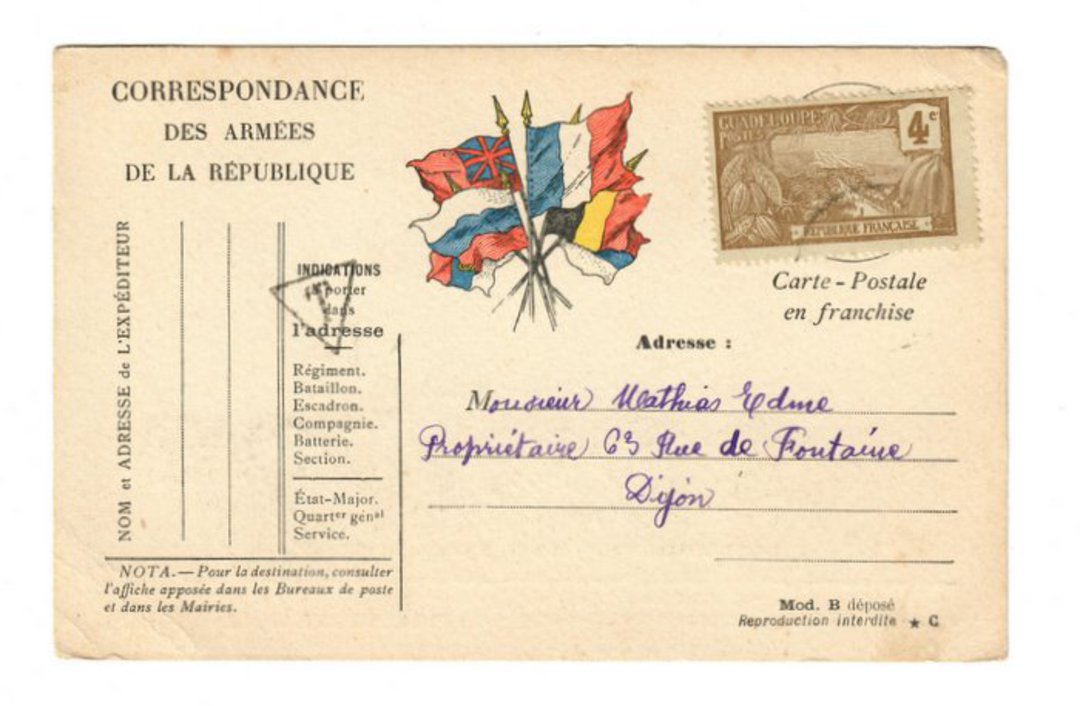 GUADELOUPE French Army postcard to Dijon France. Postage due triangle cancel on the frfont . No text. - 37622 - PostalHist image 0