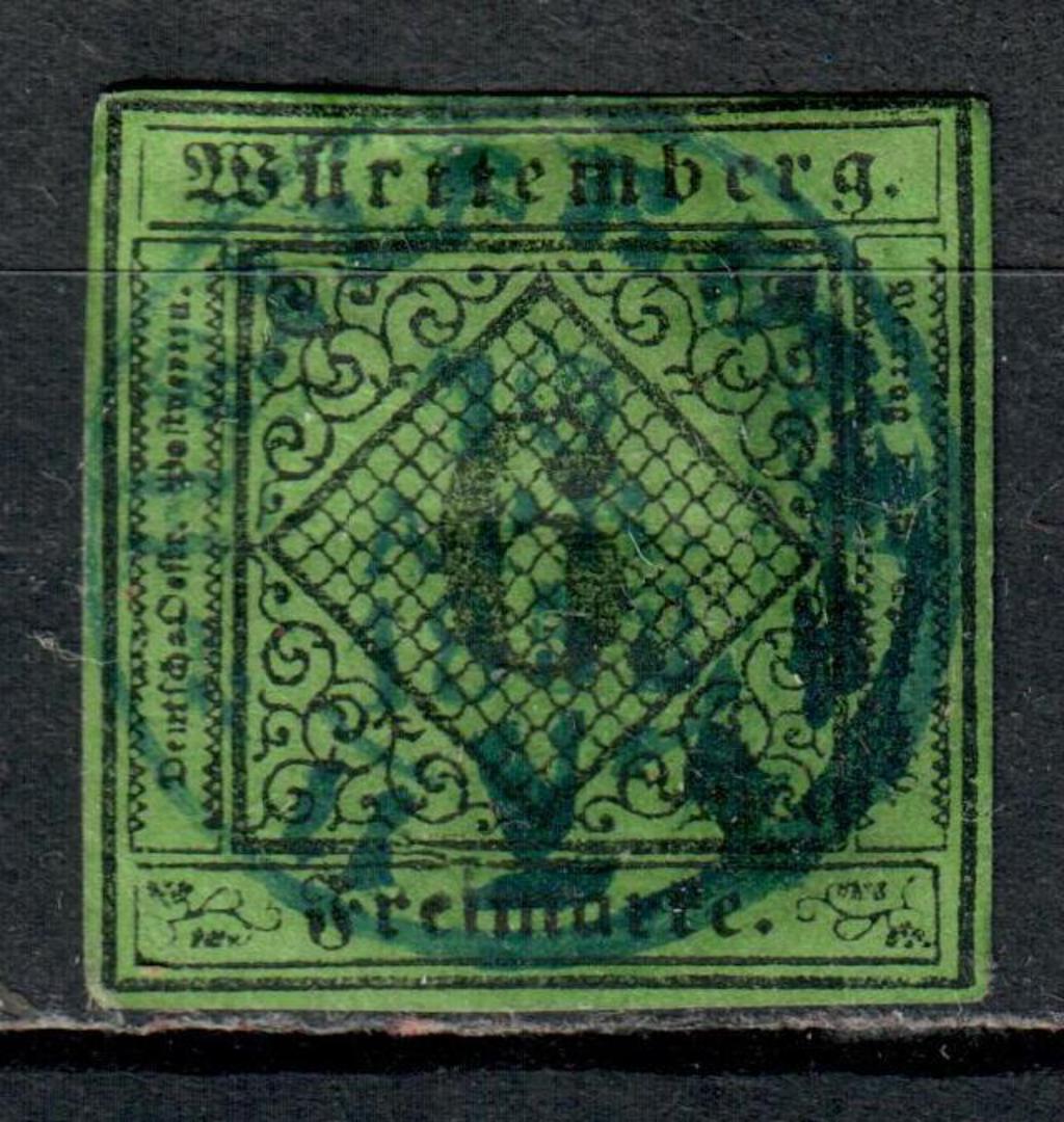 WURTTEMBERG 1851 Definitive 6k Black on blue-green. Three full margins. The top touching. - 73569 - Used image 0