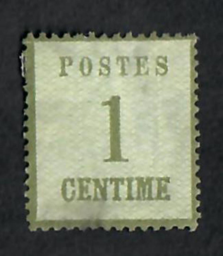 ALSACE and LORRAINE 1870 Definitive 1c Sage-Green. Points of the net upwards.  Genuine copy. "P" of Postes 3mm + from left edge. image 0
