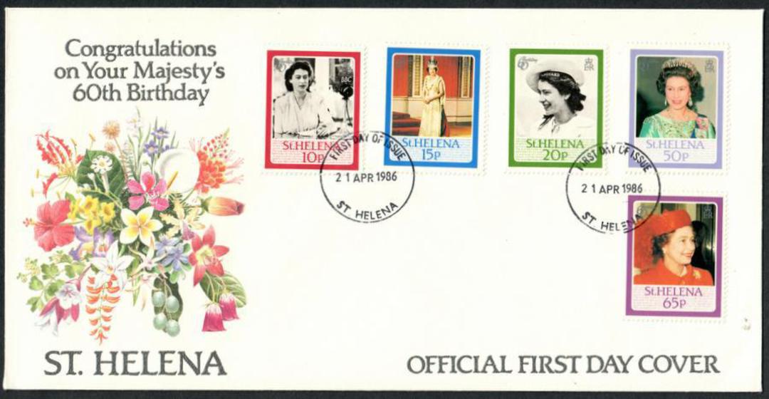 ST HELENA 1986 60th Birthday of Queen Elizabeth 2nd. Set of 5 on first day cover. - 30968 - FDC image 0