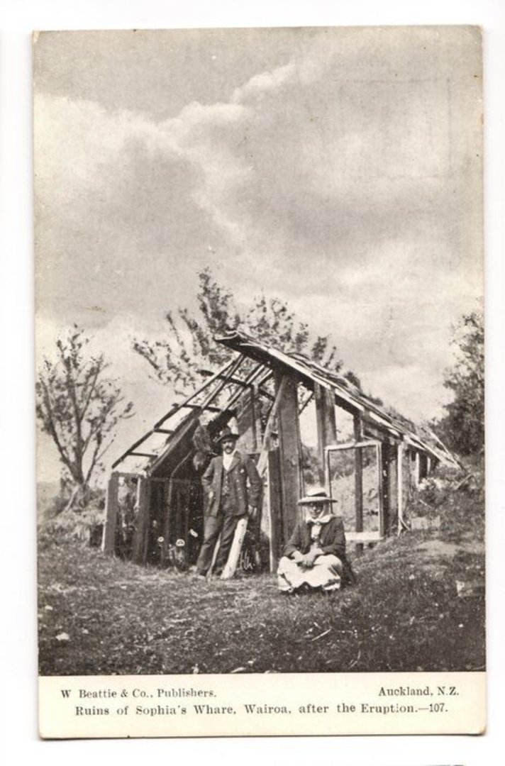 Postcard of Ruins of Sophia's Whare Wairoa after the eruption. - 246127 - Postcard image 0