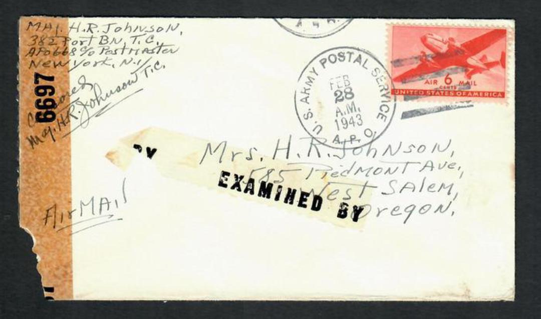 USA 1943 Airmail Letter from army serviceman. Postmark US Army Postal Service APO. Resealed by 6697. Corner damaged. image 0