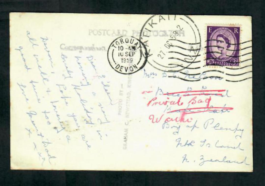 GREAT BRITAIN Postcard to New Zealand. Redirected. Postmark Tauranga  KATIKATI J class. Full strike. - 30047 - PostalHist image 0