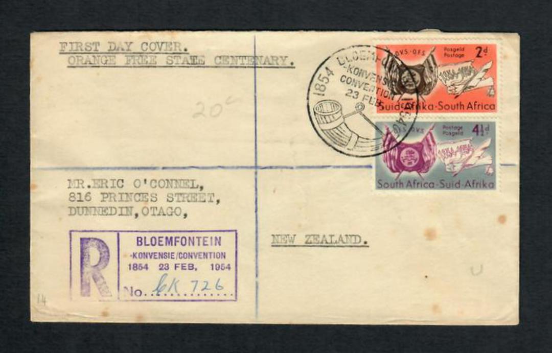 SOUTH AFRICA 1954 Centenary of the Orange Free State. Set of 2 on first day cover. Special Postmark and Registation Cachet CONVE image 0