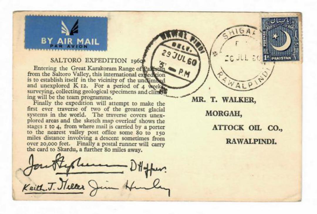 PAKISTAN 1960 Postcard Saltoro Expedition posted from Postal Point No 4 high on the Baltoro Glacier. - 30519 - image 0