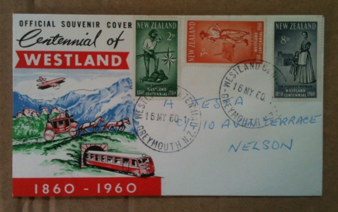 NEW ZEALAND 1960 Centenary of Westland. Set of 3 on first day cover. Special Postmark GREYMOUTH. - 520339 - FDC image 0