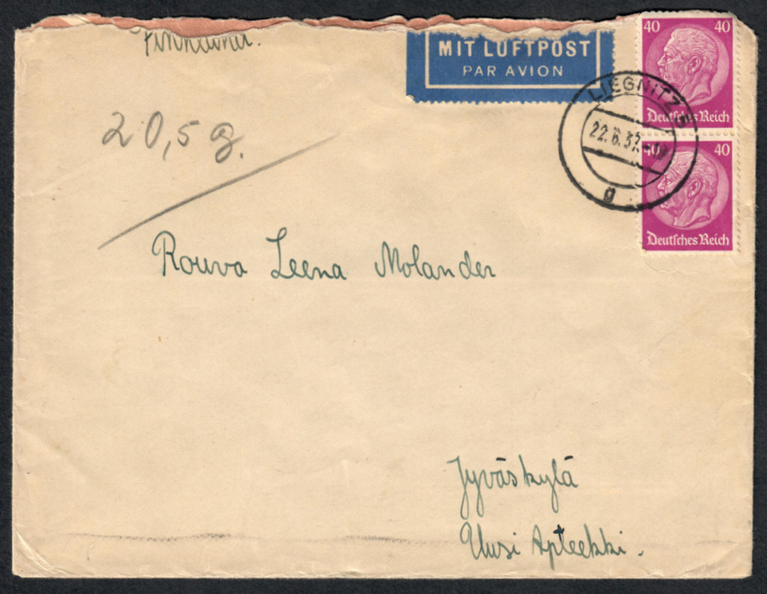 GERMANY 1937 Cover from Liegnitz to Jyvaskyla in the Austrian Empire. Excellent backstamp. - 33579 - PostalHist image 0