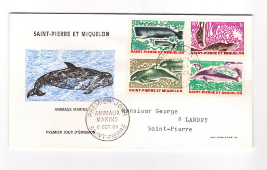 ST PIERRE et MIQUELON 1969 Marine Mammals. Set of 4 on first day cover. - 38227 - FDC image 0