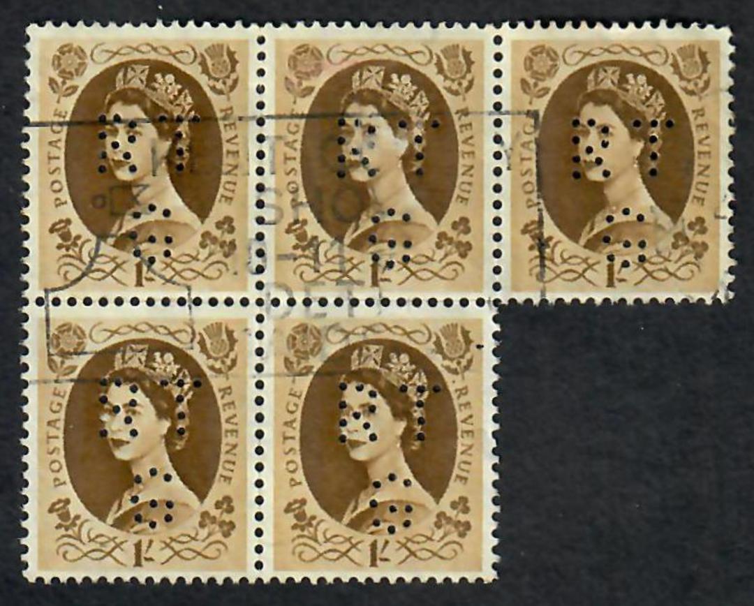 GREAT BRITAIN 1953 Definitive 1/-. Perfin RTG. Block of 5. - 70750 - Used image 0