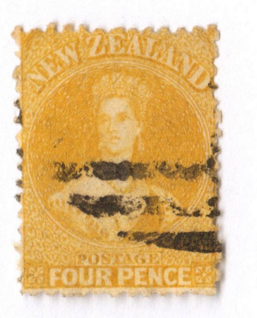 NEW ZEALAND 1862 Full Face Queen 4d Yellow. Heavy postmark but off face. - 3580 - Used image 0