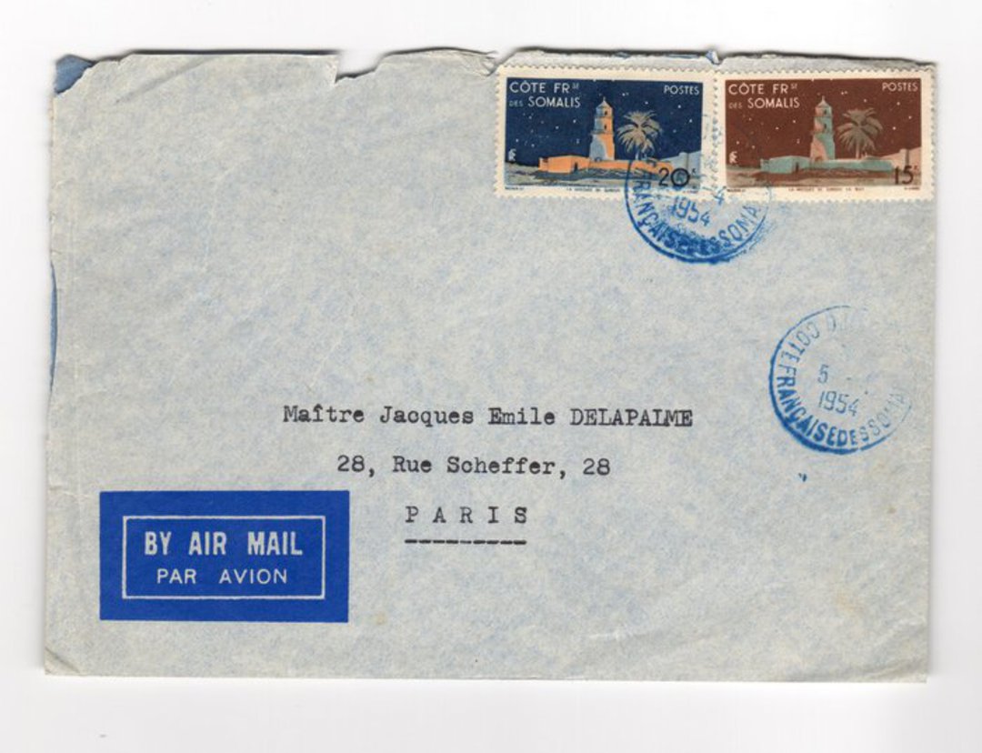 FRENCH SOMALI COAST 1954 Airmail Letter from Djibouti to Paris. - 38259 - PostalHist image 0