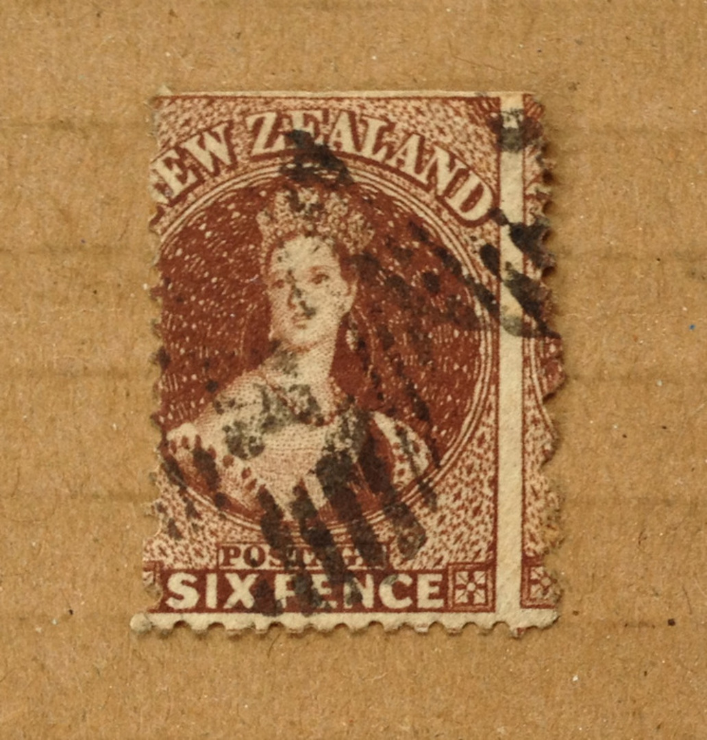 NEW ZEALAND 1862 Full Face Queen 6d Brown. Perf 13 on the left and Perf 12½ on the right. Appears to have been reperfed. Warrent image 0