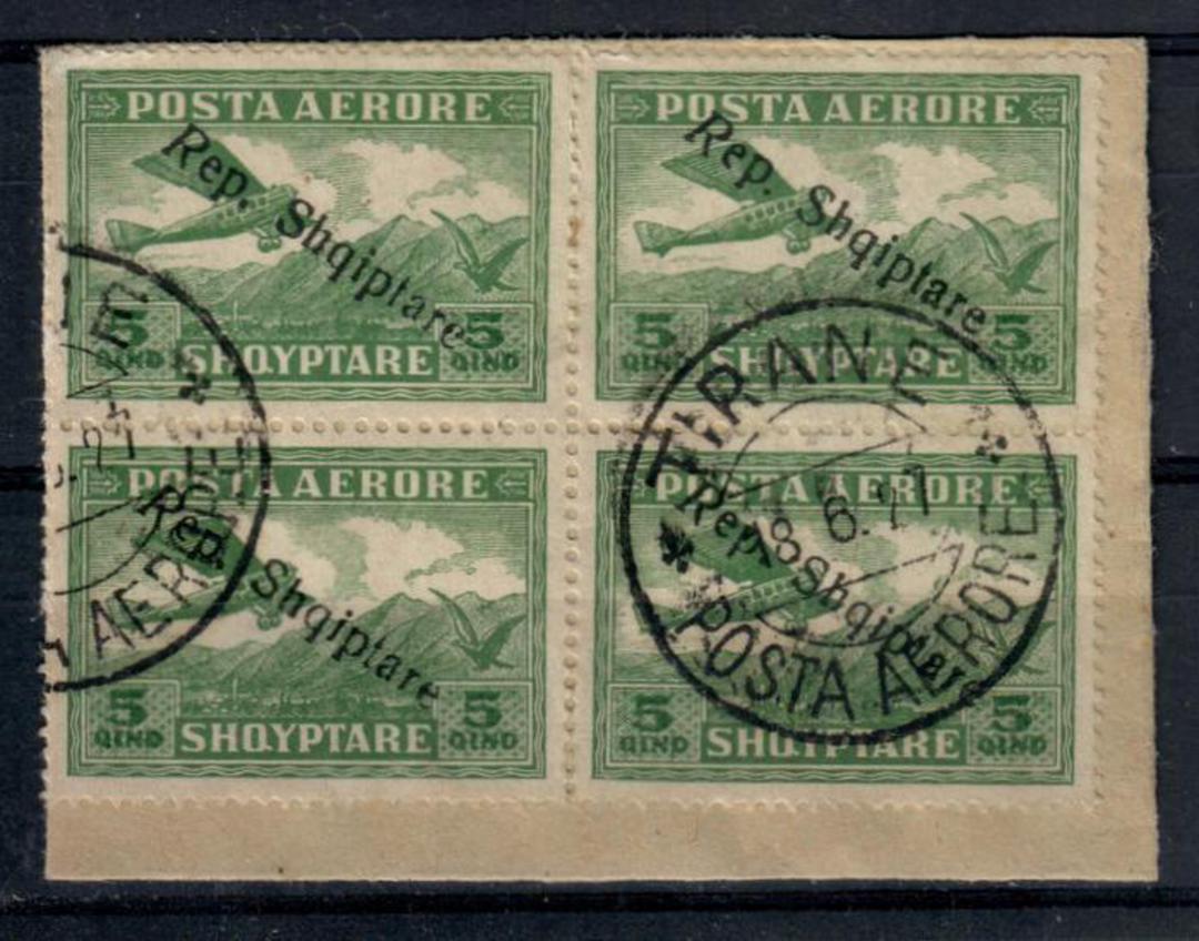 ALBANIA 1927 5q Green in  block of four on piece cancelled TIRANE. - 21424 - FU image 0