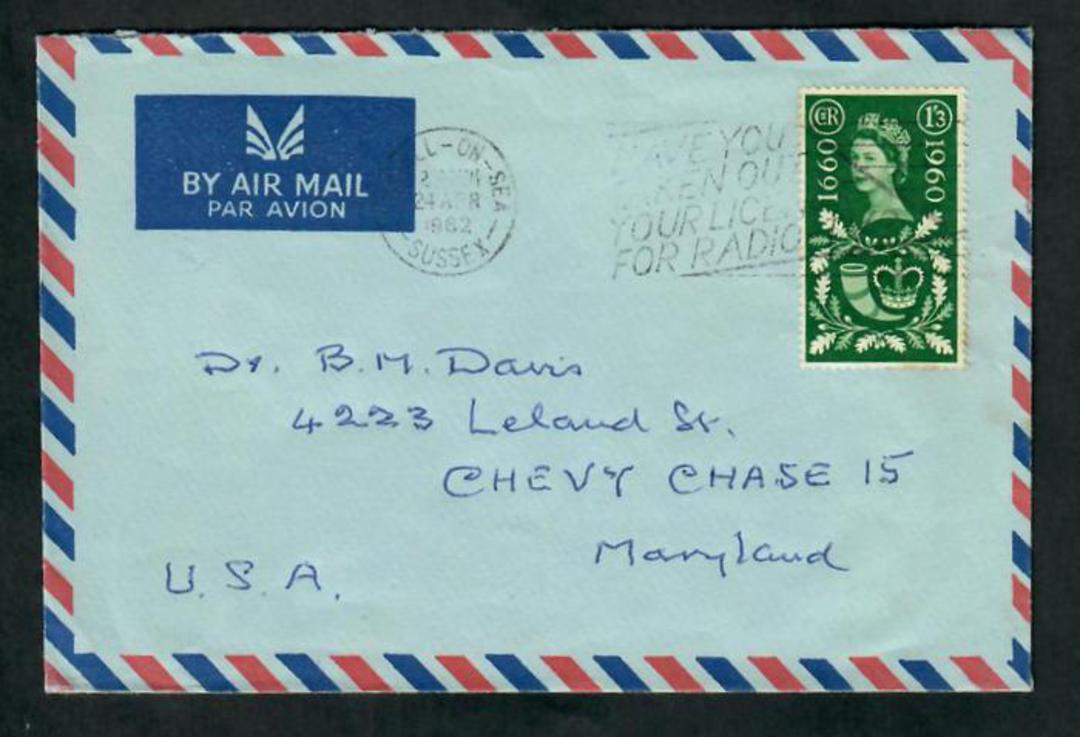 GREAT BRITAIN 1962 Airmail to USA with 1/3 rate. Slogan cancel Bexhill on Sea 24/4/62. - 30340 - PostalHist image 0