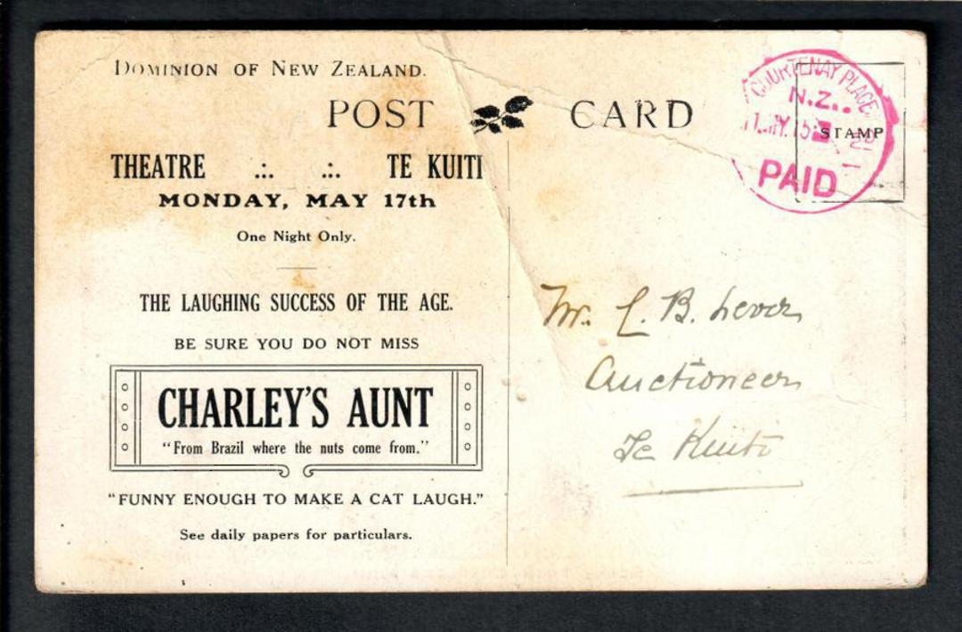 Postcard Advertising Theatre in Te Kuiti. The Play "Charley's Aunt". Toned and creased. Nice cancel in red Courtney Place Paid 1 image 1