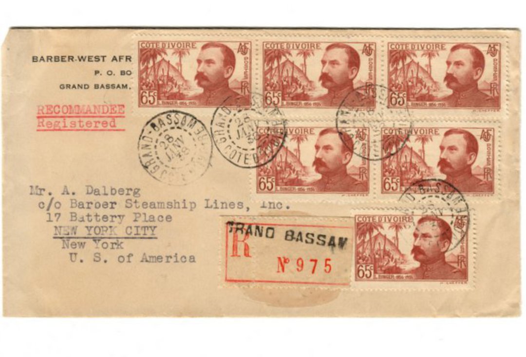 IVORY COAST 1938 Registered Letter from Barber-West African Line Inc Grand-Bassam to Barber Steamship Lines Inc New York. - 3763 image 0
