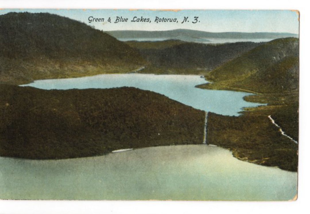 Coloured postcard of Green and Blue Lakes Rotorua. - 46138 - Postcard image 0