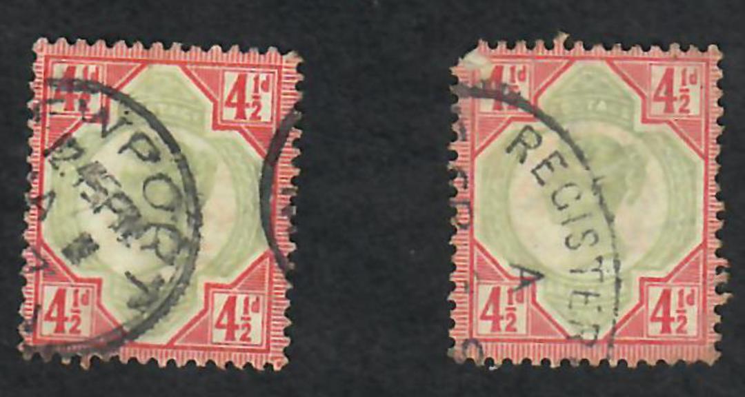 GREAT BRITAIN 1887 Victoria 1st Definitive 4½d Green and Deep Bright Carmine. NEWPORT postmark. A damaged copy of the Carmine sh image 0