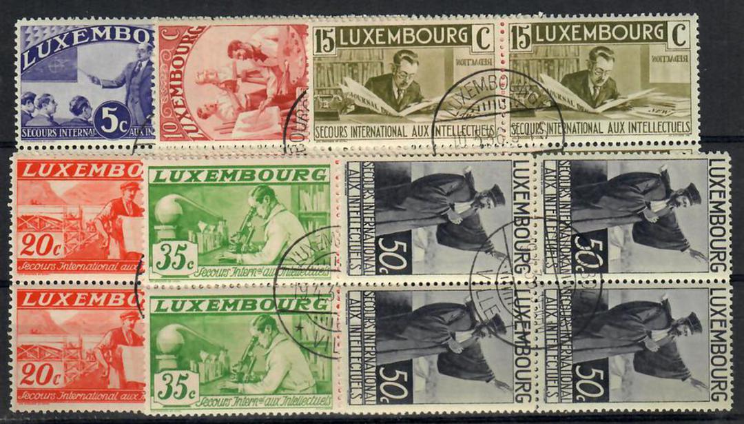 LUXEMBOURG 1935 International Relief Fund for Intellectuals. The six lowest values in blocks of 4. Nice circular cancels. - 2373 image 0