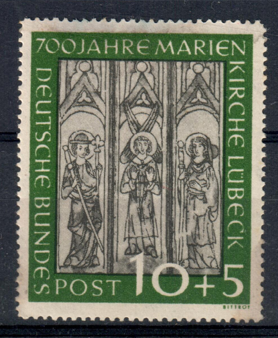 WEST GERMANY 1951 Charity 700th Anniversary of St Mary's Church Lubeck 10pf + 5pf Black and Green. - 71489 - LHM image 0