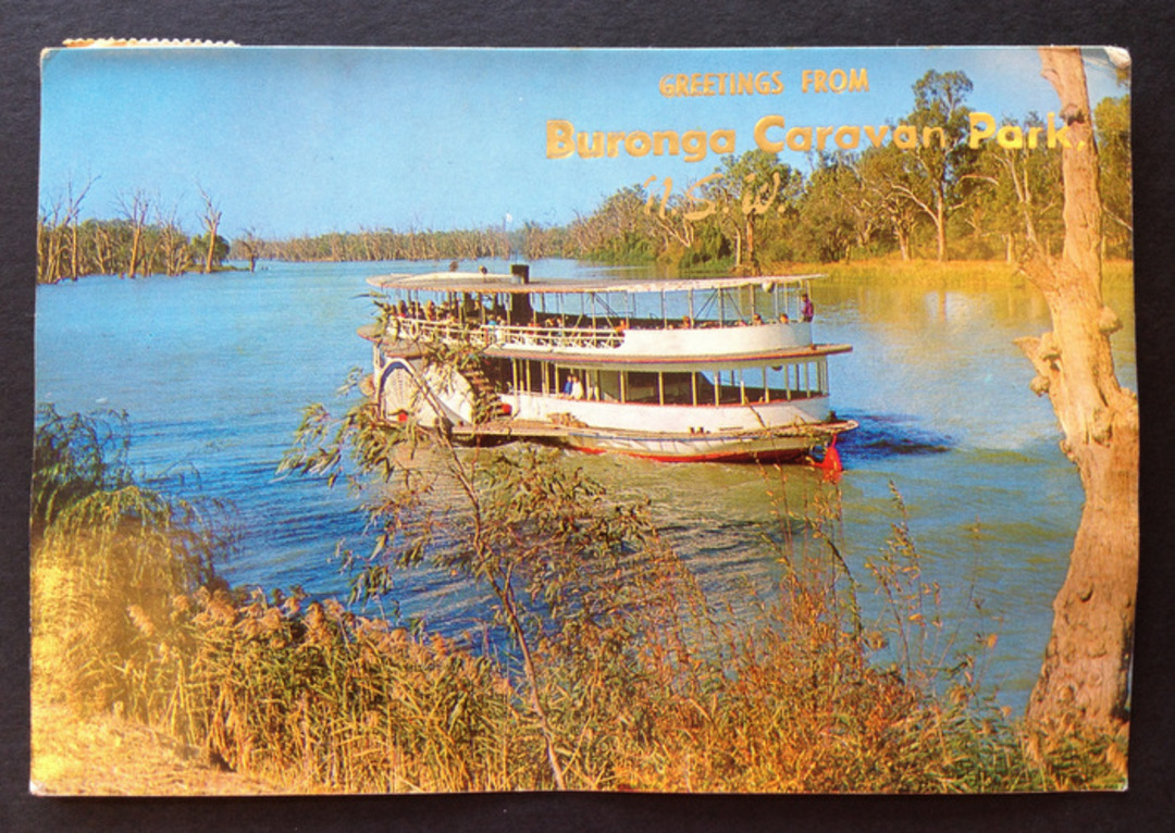 Modern Coloured Postcard of P S S Melbourne on the Murray River. Advert for Buronga Caravan Park. - 443613 - Postcard image 0