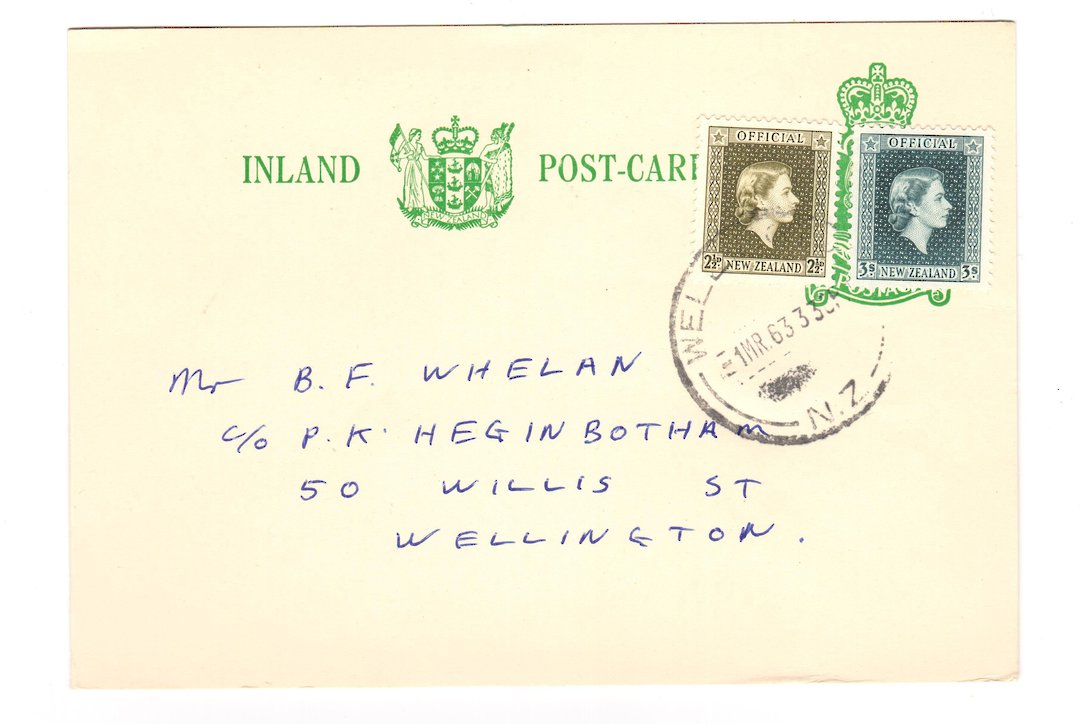 NEW ZEALAND 1953 Elizabeth 2nd Officials. Set of 2 on first day postcard 1/3/1963. - 30975 - FDC image 0