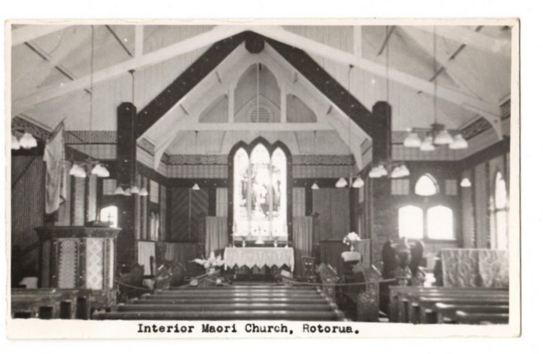 Real Photograph by N S Seaward of Interior Maori Church Rotorua. - 246122 - Postcard image 0