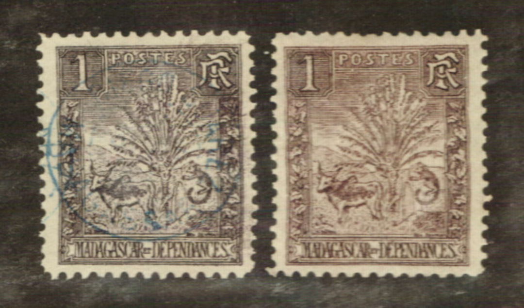 MADAGASCAR 1903 Definitive 1c Dull Purple. Two copies one LHM the other fine used. Two distinct shades. The used seems Deep Lila image 0