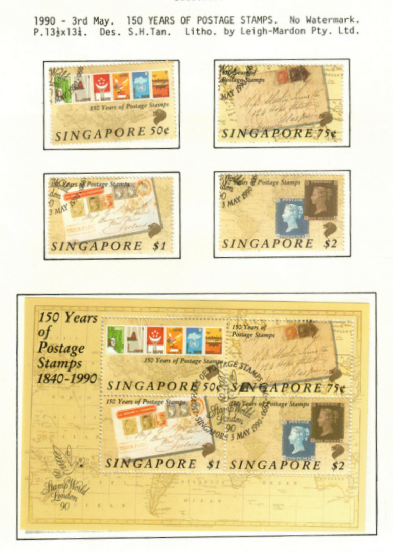 SINGAPORE 1990 150th Anniversary of the 1d Black. Set of 4 and miniature sheet. - 59634 - VFU image 0