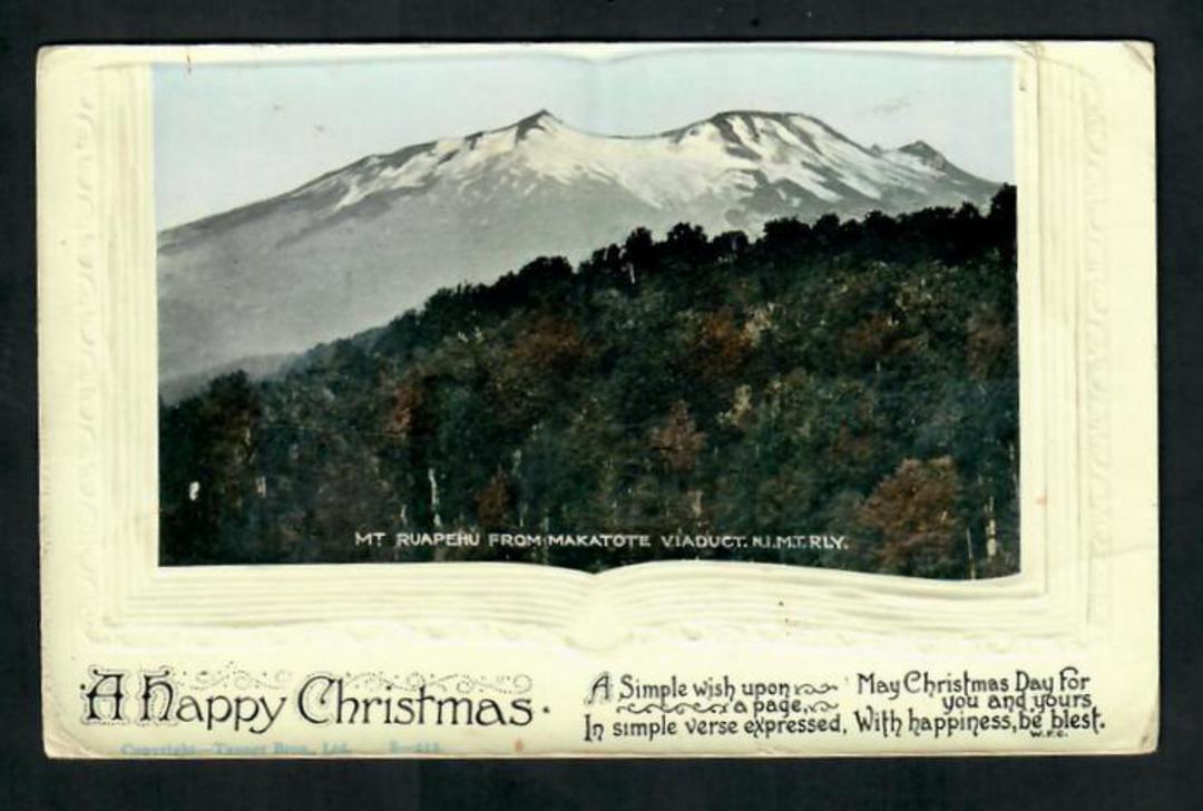 Coloured postcard of Mt Ruapehu from Matakohe Viaduct. Embossed Christmas Card in the form of a book. - 30757 - PostalHist image 0