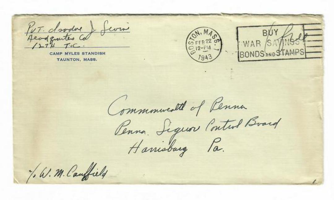 USA 1943 Letter from Camp Myles Standish Taunton Mass. Freepost. - 30228 - Postcard image 0