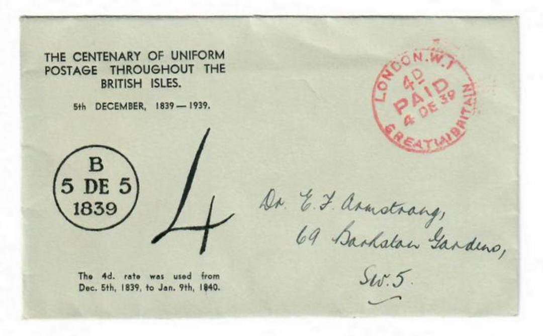 GREAT BRITAIN 1939 Centenary of Uniform Postage in British Isles. Reproduction of postal markings of 5/12/1839. "Manuscript" 4 t image 0