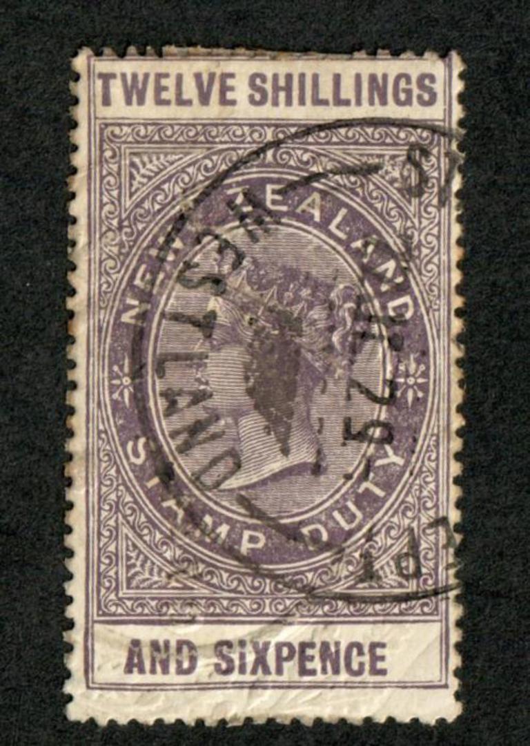 NEW ZEALAND 1880 Long Type Fiscal 12/6 Purple. Lovely postmark  STamp duties dEPT WESTLAND 22 JUL 29. - 72325 - Fiscal image 0