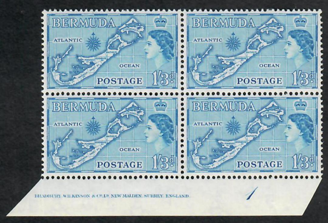 BERMUDA 1953 Elizabeth 2nd Definitive 1/3d Blue. Die 2. Block of 4. Plate 1. - 23045 - UHM image 0