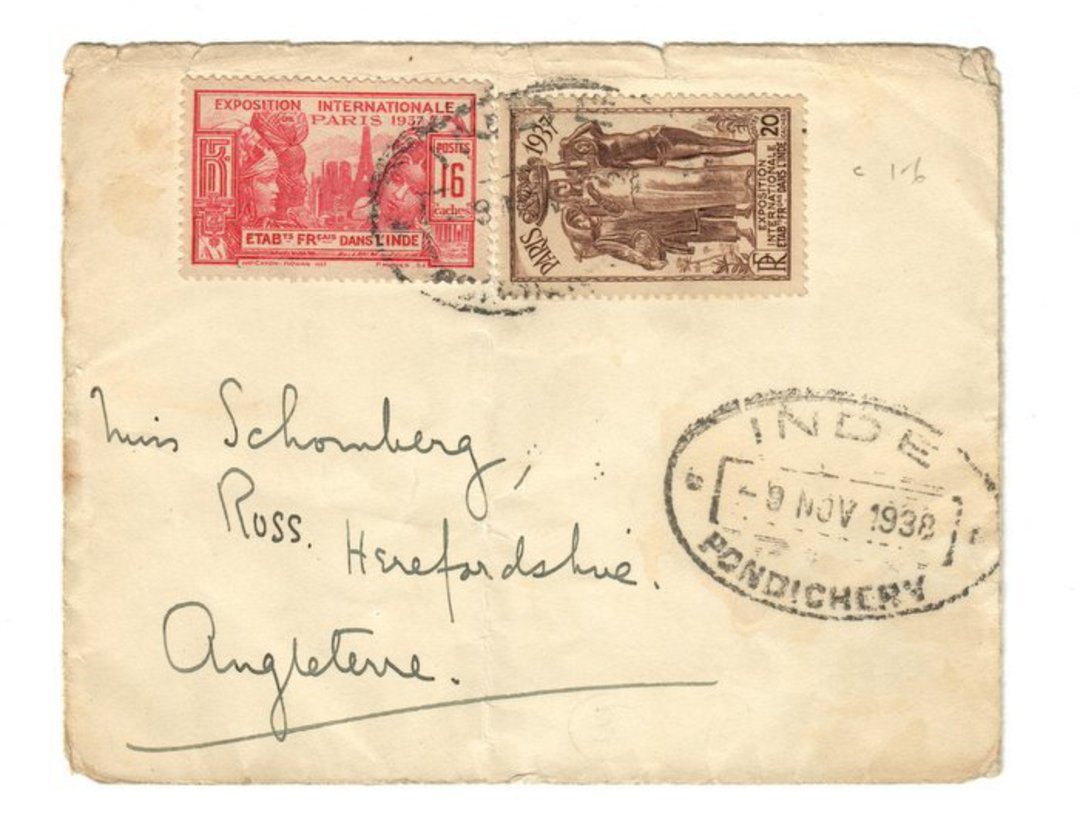 FRENCH INDIAN SETTLEMENTS 1938 Letter from Pondicherry to England. - 37511 - PostalHist image 0