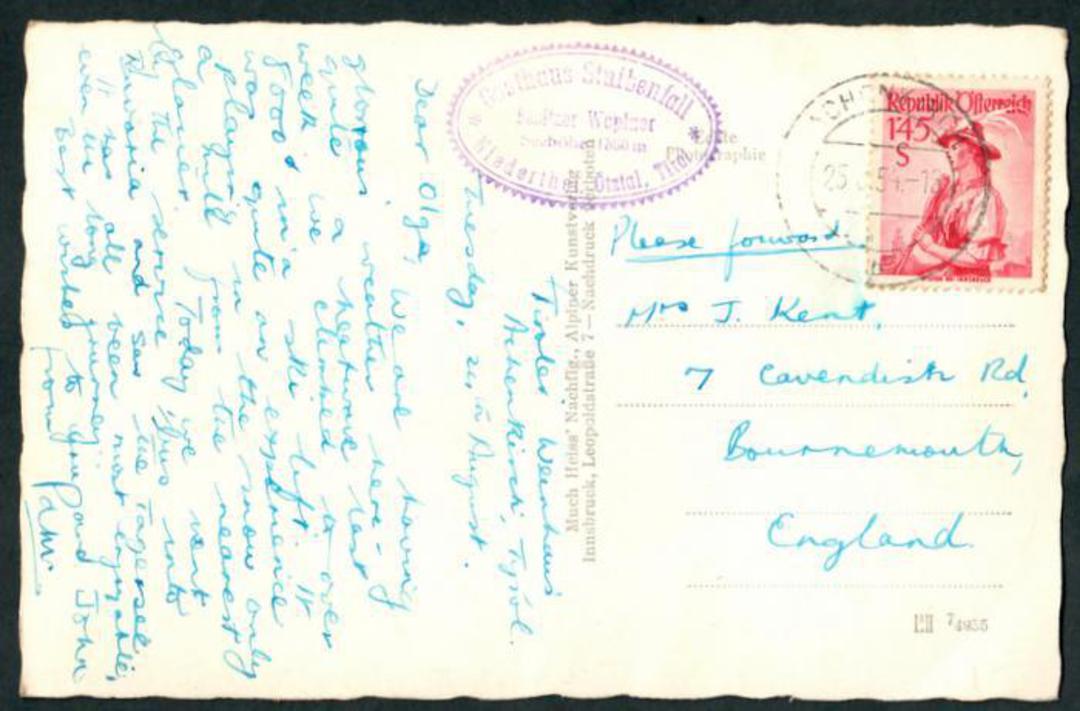 AUSTRIA 1954 Postcard to England. Nice cachet.  Guesthouse Stlbenfall Besitzer Wopfner  Seehohe 13000m. Niederthei in Otztai Tir image 0