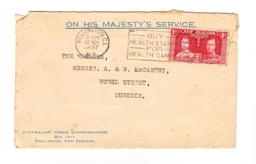 NEW ZEALAND 1937 Letter from the Australian Trade Commissioner Wellington to Dunedin with Australian cinderella on the reverse. image 0