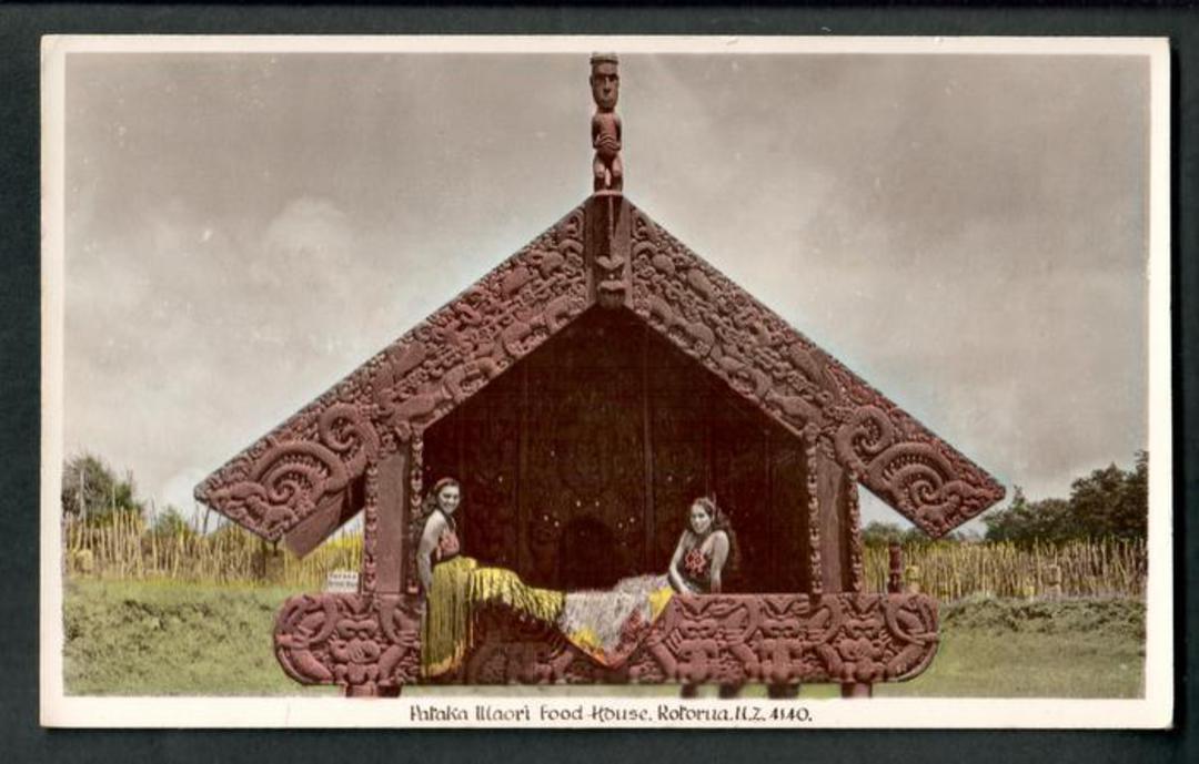 Tinted Postcard by A B Hurst of Pataka Maori Food House Rotorua. - 49634 - Postcard image 0