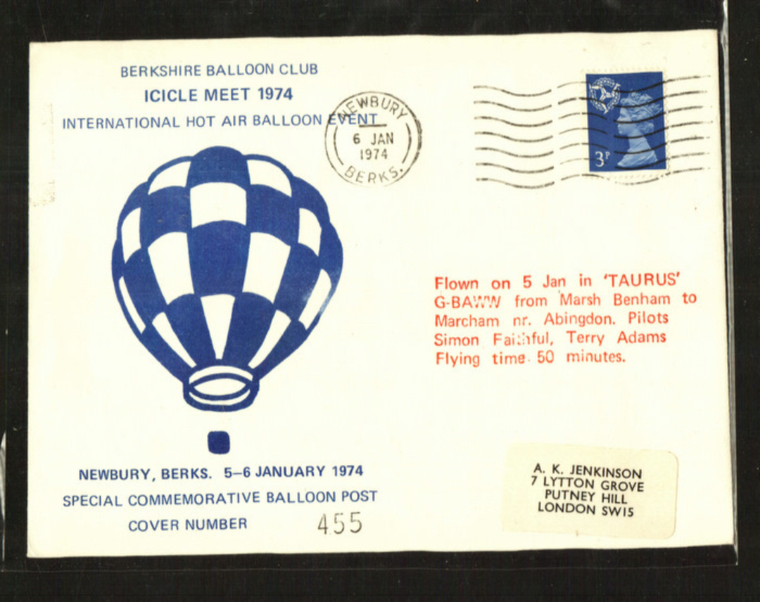 GREAT BRITAIN 1974 Berkshire Balloon Club Flown 5/1/1974. - 33808 - PostalHist image 0