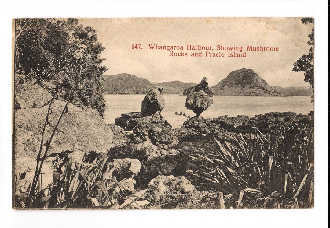 Postcard of Whangaroa Harbour showing Mushroom Rocks and Pracio Island. One bad corner. - 44819 - Postcard image 0