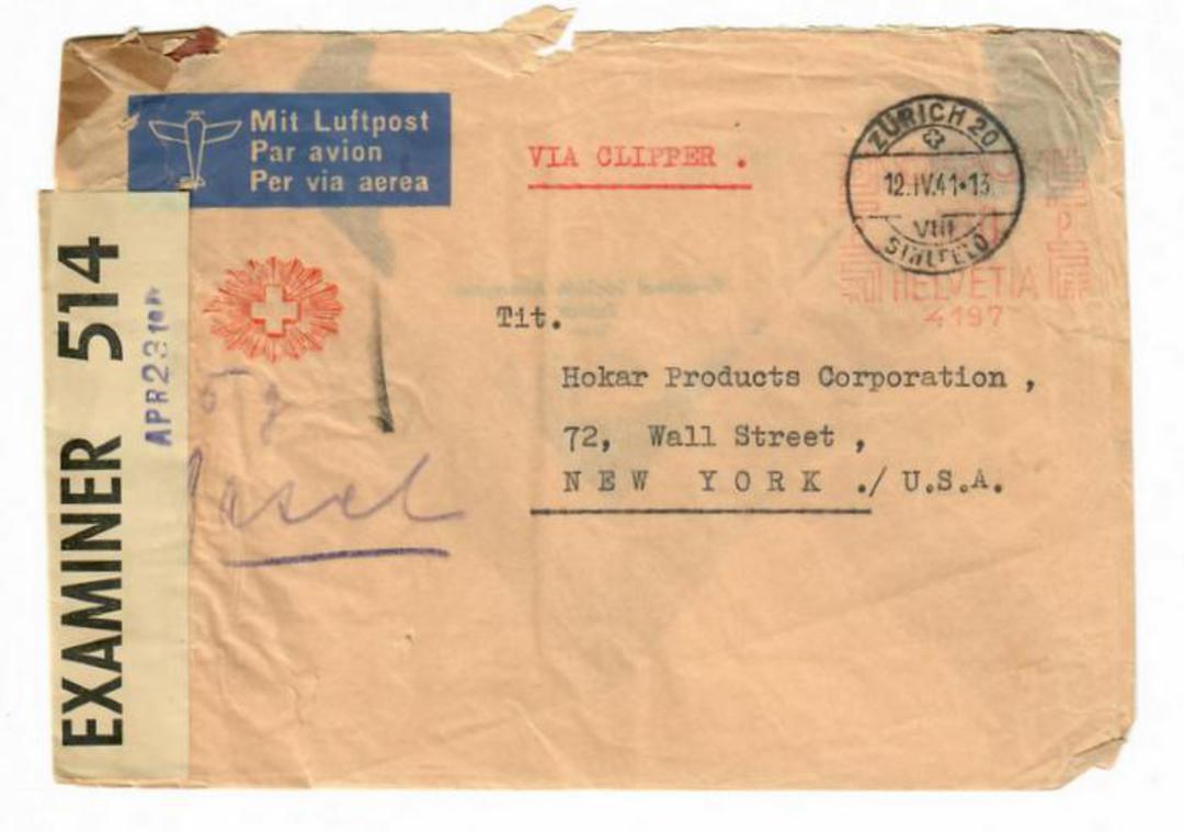 SWITZERLAND 1941 Letter with commercial frank to New York. Via clipper. Reseal Label "Opened by examiner 514". - 30222 - PostalH image 0